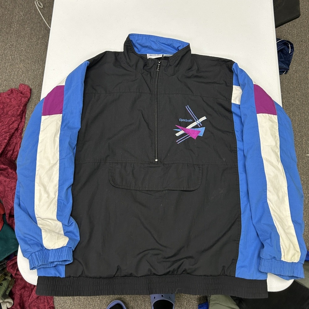 Reebok Windbreaker Mens Large Black Blue Vintage 90s Colorblock Half Zip Jacket